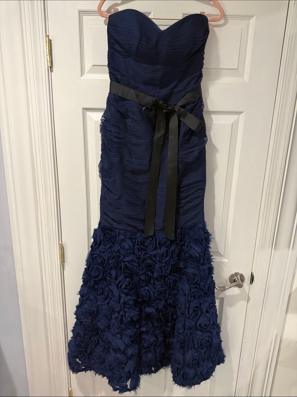 JS Collections Navy Strapless Rosette Gown with Black Sash